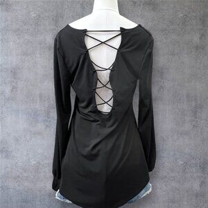 Express Lace Back Top Womens Medium Black Long Sleeve V Neck Blouse